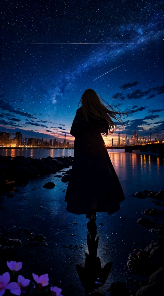 1people々々,Blonde long-haired woman,Long coat, Dress Silhouette, Rear View,Space Sky, comet, Anime Style, Dancing Petals,Night view of the town across the river from the beach,