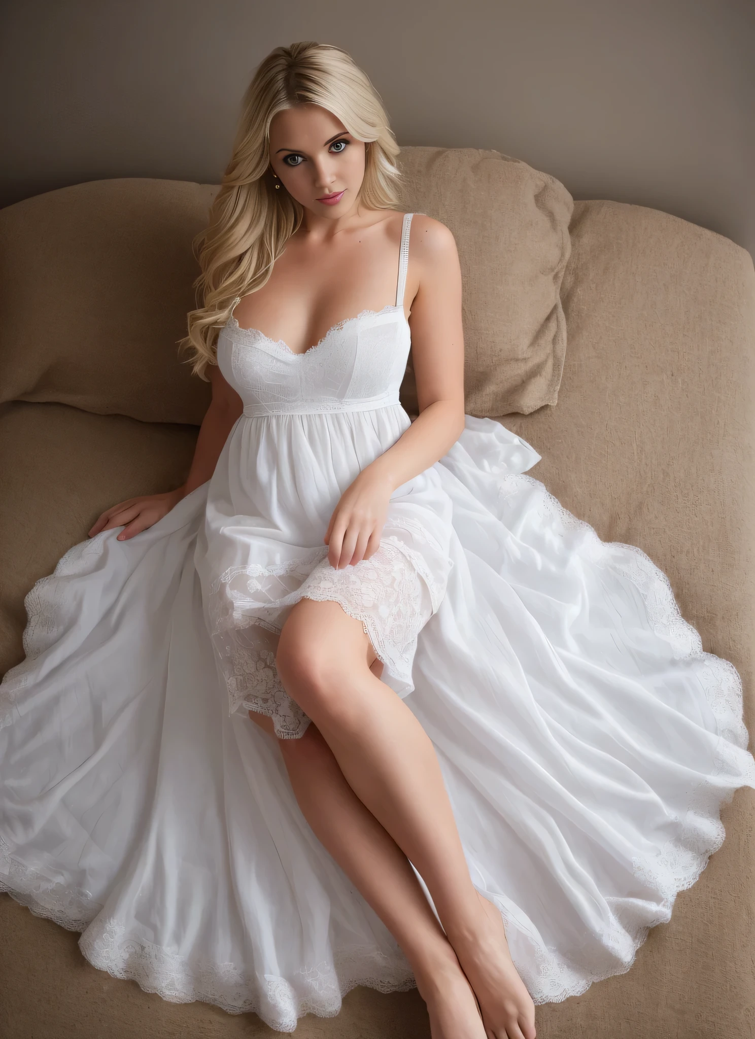 a full body picture of a blonde beautiful woman in a white babydoll dress posing for a picture, laced babydoll, transparent babydoll, beautiful body, perfect body, beautiful face