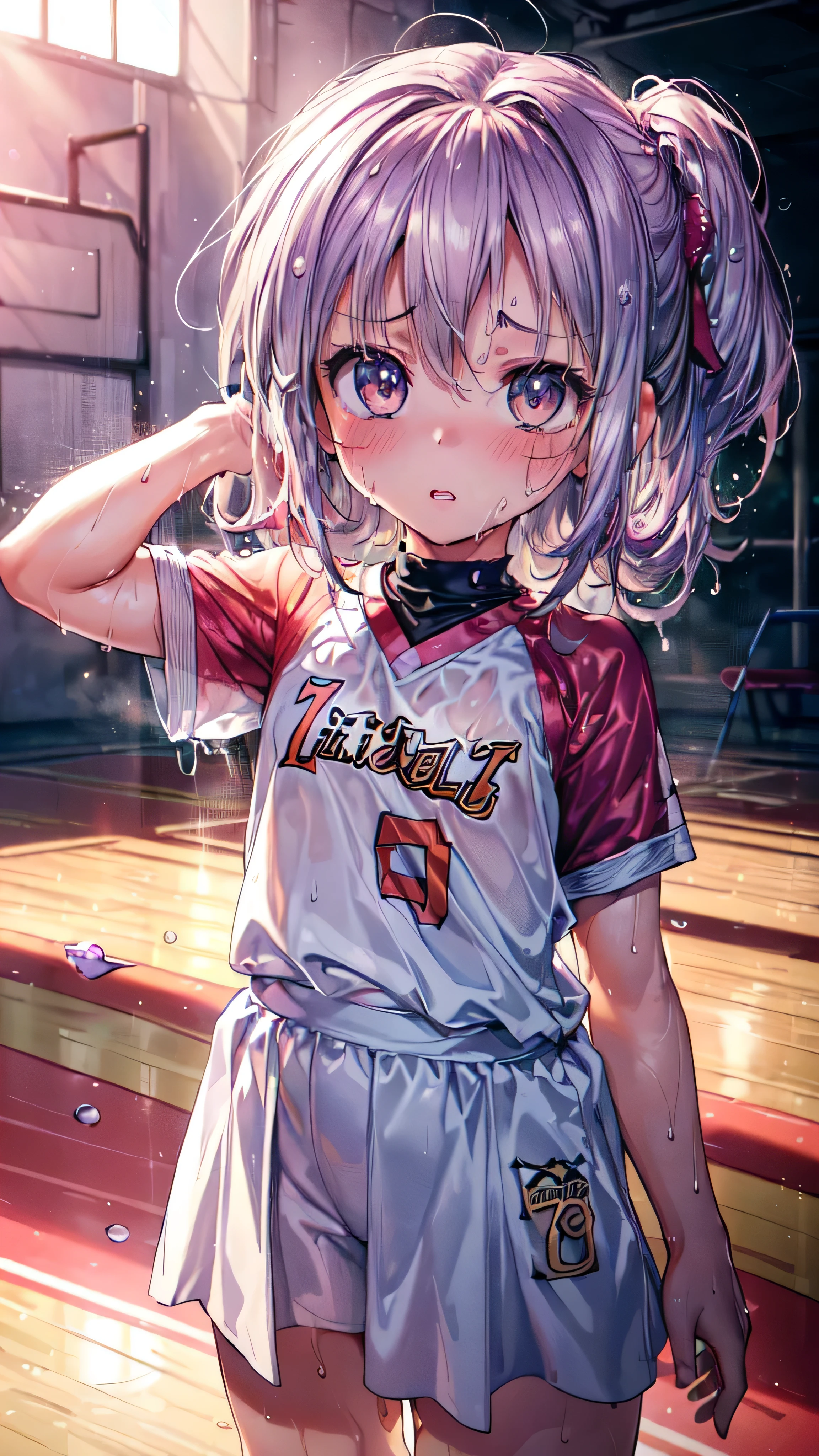 (Ultra-high resolution of the highest quality, masutepiece, Best Quality, 8K, Super Detail, Best Quality:1.3), (1 girl:2), (looks like 7 years smallbody:2), (tiny body:2), (Loli:2), (Child:2), (flatt:1.3), (petite body:2), (basketball uniform:1.4), Extremely cute, amazing face and eyes beautiful nice smile), (extremely detailed beautiful face), bright and shiny lips, (Best Quality:1.4), (hyper quality), (Ultra-detailed), (Hyper-realistic, Photorealsitic:1.37), Authentic skin texture, intricate-detail, extremely detailed CG unified 8k wallpaper, RAW Photos, professional photograpy, Cinematic lighting, Exposing, basketball court, play basketball, (sweat:1.6)