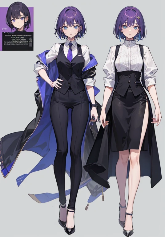 ((Perfect Face)),Purple Hair,short hair,1 female,bartender,suit,Black vest,Shirt with rolled up sleeves,tie,slit,High heels,,((Simple Background)),smile,((whole body)),((whole body)),Portraiture,virtual,upright,,Standing upright with face and body facing forward,