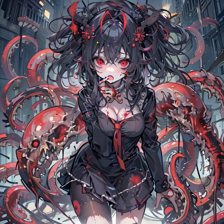 masterpiece, best quality, masterpiece,best quality,official art,extremely detailed CG unity 8k wallpaper, show foot,  girl, solo, kawaii, no_humans, medium hair, black hair, tentacle hair, saliva, blood on face, light blush, red eyes, blood from eyes, large breasts, hanging breasts, one breast out, seifuku, black pantyhose, uwabaki, tentacle, vore, bdsm, girl_on_top, sex, femdom, facesitting, pussy_juice, female_ejaculation, cum, zombie  girl ，one girl one boy，Girl infects man，Man under girl，Zombie girl，Blood on the face，Zombie girl感染人类