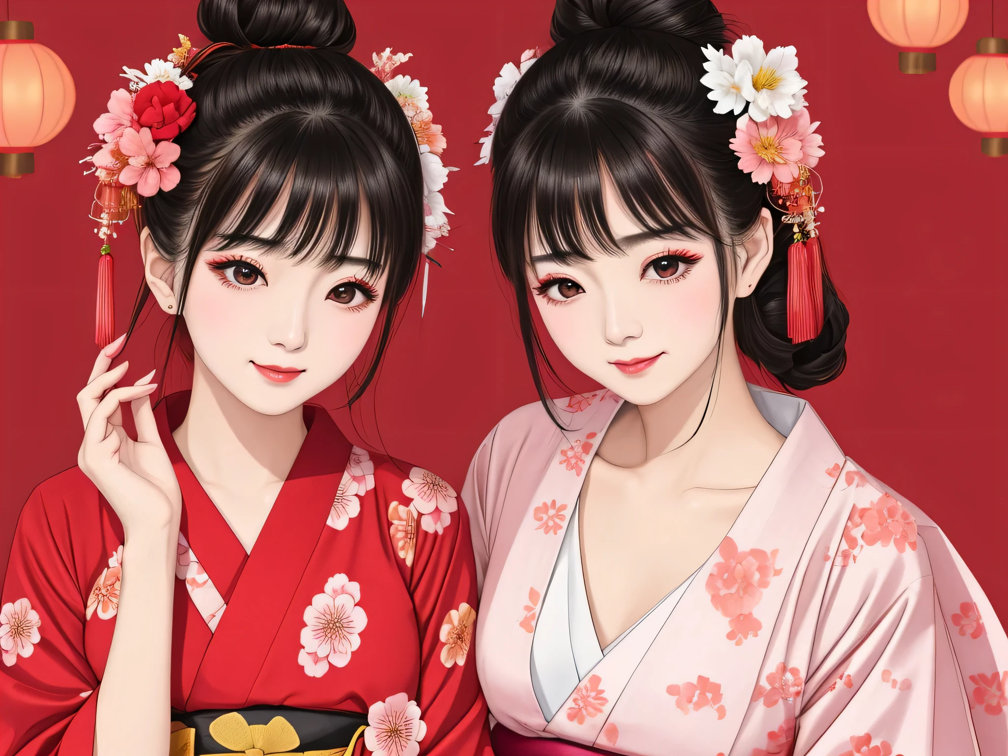 Each has a different expression２People and sisters、(２ girls）、｟Dancing traditional performing arts gracefully)、((Big Breasts、Small Face、Not exposed))、highest quality、masterpiece、（Black Hair、Bun Hair）、Brown Eyes、｟Wide angle、Angle from above, from the waist up、Pause on the magazine cover、Each person has a different perspective when looking into the distance｠、(８K high quality、masterpiece、High resolution、Realistic and beautiful light and shadow、(highest quality)、(High Resolution)、(Very delicate and beautiful)、(Beautiful 8k face)、(Smiling and closing your eyes、Beautiful eyes)、(Clear skin)、(Soft hair)、(８Head to Body)、(A Japanese style yukata kimono with red, pink and orange floral patterns on a white background, interspersed with gold powder、wearing a yukata２Japanese beautiful girl)、((Tanabata decoration background))、((Small Face))、(arms up)、Thin and small nose、（Red lipstick）、（Make your cheeks red）、（Glossy skin）、((Ink painting style))、Very thin eyebrows、Overall ultra-high image quality、（She is wearing maiko-style makeup.）、Whitening、Long and beautiful eyelashes、Glowing Skin、（Red cheeks）,Straight nose、masterpiece、highest quality、whole body、 Eyebrows visible through hair、Bun Hair、Grin、Gal、Kogal、Viewer&#39;s Eyes、Plaid、Stylish、woman、fine、Pause、
Waiting to start 
