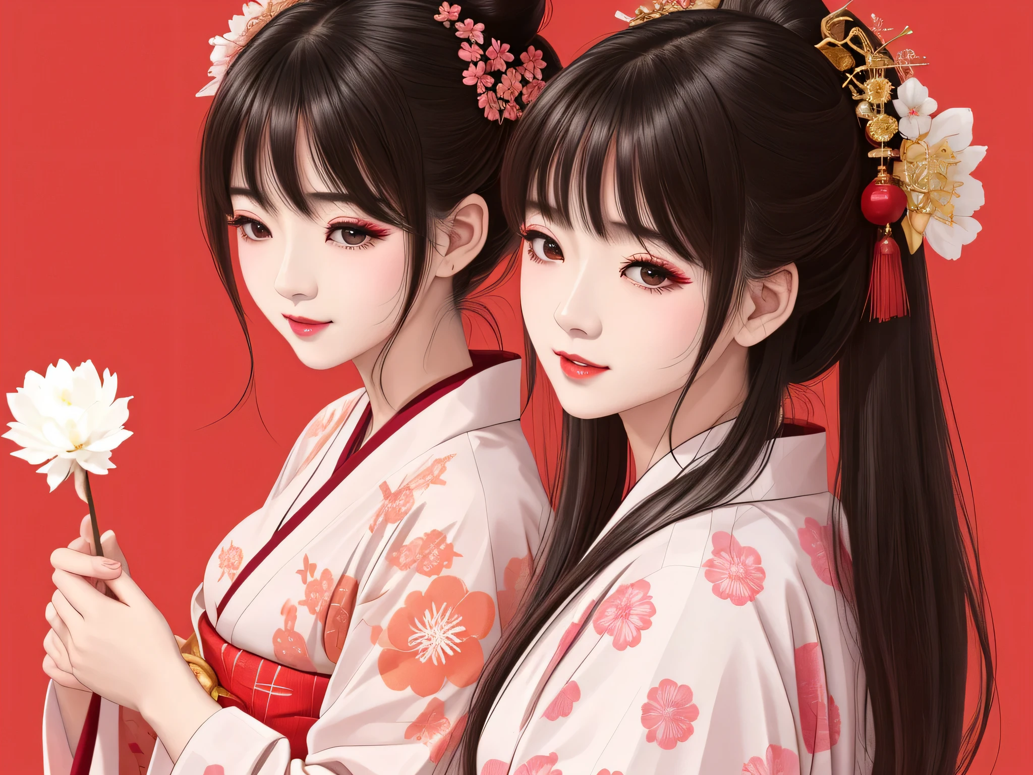 Each has a different expression２People and sisters、(２ girls）、｟Dancing traditional performing arts gracefully)、((Big Breasts、Small Face、Not exposed))、highest quality、masterpiece、（Black Hair、Bun Hair）、Brown Eyes、｟Wide angle、Angle from above, from the waist up、Pause on the magazine cover、Each person has a different perspective when looking into the distance｠、(８K high quality、masterpiece、High resolution、Realistic and beautiful light and shadow、(highest quality)、(High Resolution)、(Very delicate and beautiful)、(Beautiful 8k face)、(Smiling and closing your eyes、Beautiful eyes)、(Clear skin)、(Soft hair)、(８Head to Body)、(A Japanese style yukata kimono with red, pink and orange floral patterns on a white background, interspersed with gold powder、wearing a yukata２Japanese beautiful girl)、((Tanabata decoration background))、((Small Face))、(arms up)、Thin and small nose、（Red lipstick）、（Make your cheeks red）、（Glossy skin）、((Ink painting style))、Very thin eyebrows、Overall ultra-high image quality、（She is wearing maiko-style makeup.）、Whitening、Long and beautiful eyelashes、Glowing Skin、（Red cheeks）,Straight nose、masterpiece、highest quality、whole body、 Eyebrows visible through hair、Bun Hair、Grin、Gal、Kogal、Viewer&#39;s Eyes、Plaid、Stylish、woman、fine、Pause、
Waiting to start 
