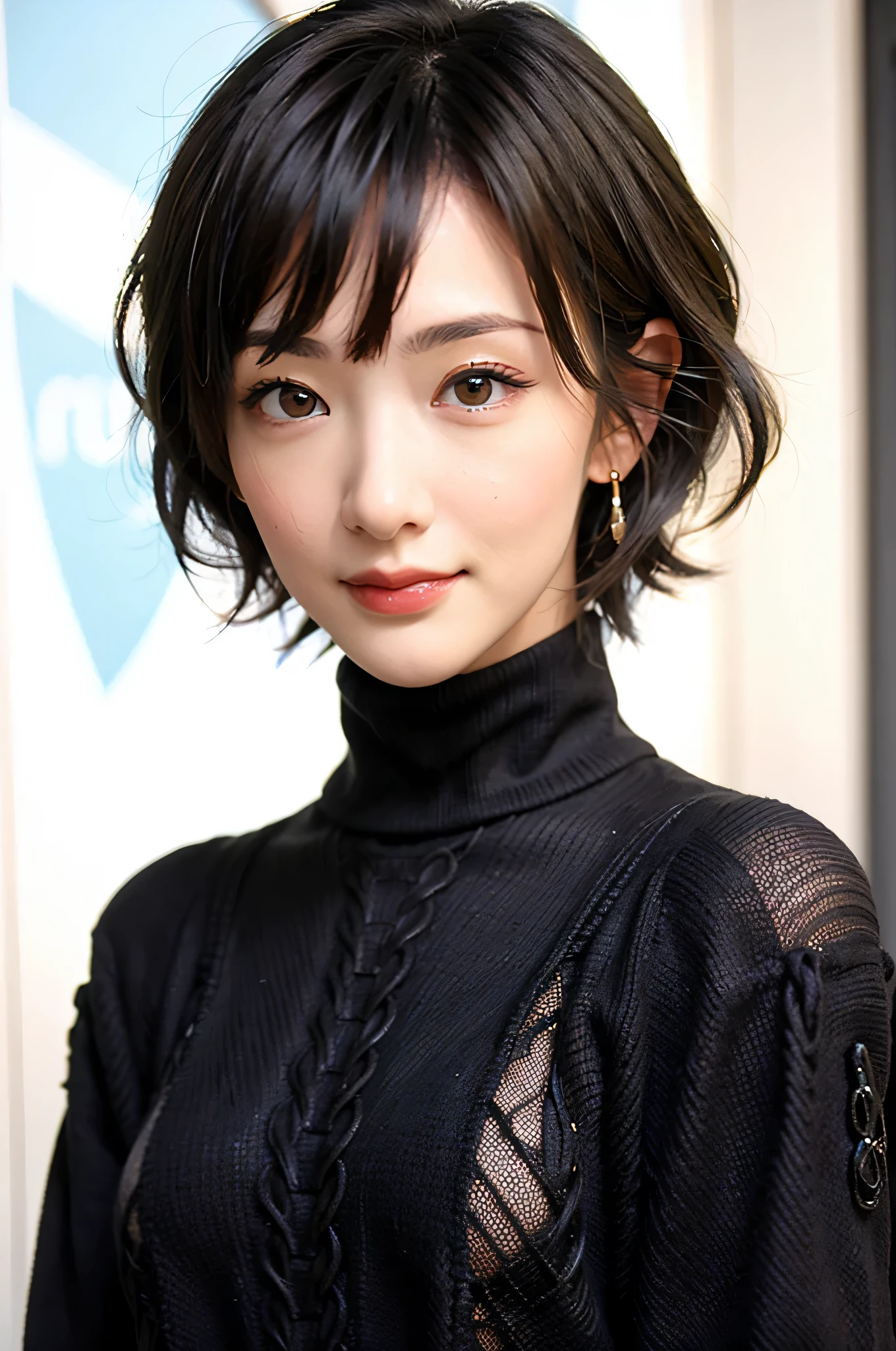 (red lips:1.4), full body, (turtleneck cable knit oversize sweater dress:1.5), , 1girl,solo,
(8k, RAW photo, best quality, masterpiece:1.3),(realistic, photo-realistic:1.37),realistic skin texture,(photorealistic:1.3),(hyperrealistic:1.2), (short hair:1.4) , seducting pose, (black colored clothes:1.7), (brown hair:1.7), (seducting smile:1.4), (cheek dimples:1.4), earrings, golden necklace,