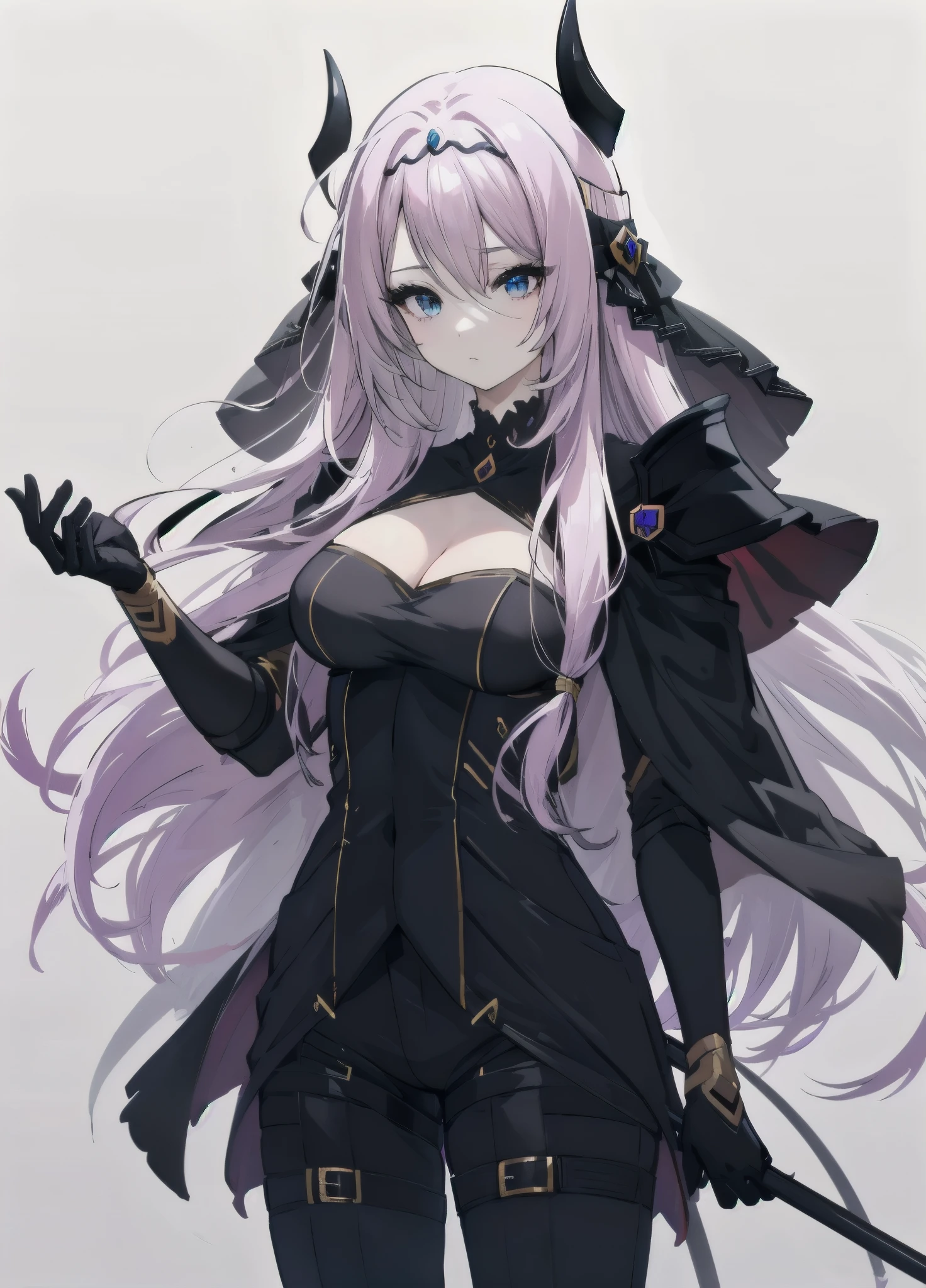 victoria horns, tiara, veil, black bodysuit, shoulder armor, long sleeves, cleavage cutout, black gloves, black overskirt, black pants