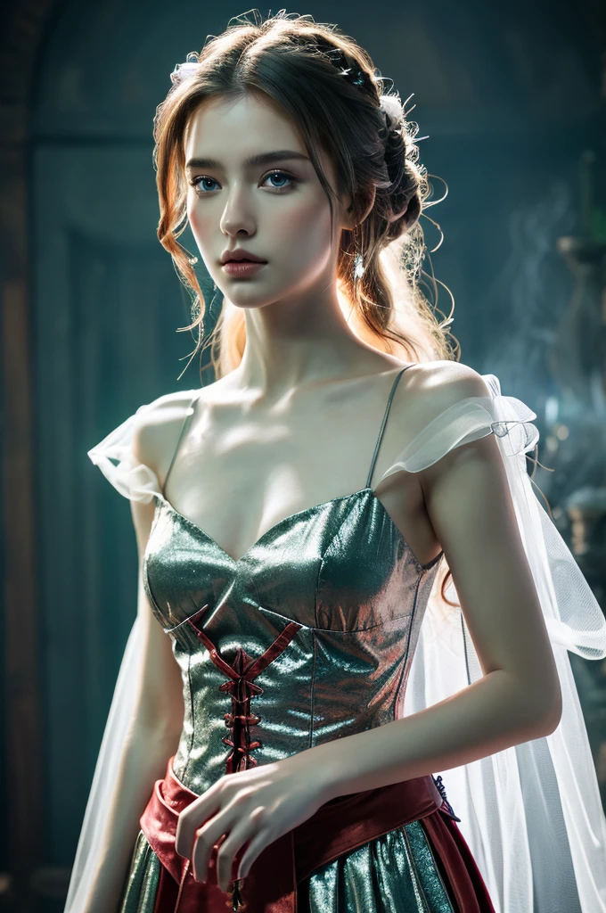( masterpiece, top quality, best quality,8k,17 years old girl,ultra detailed,raw photo:1.5),(photorealistic:1.4),(cinematic lighting), PerfectNwsjMajic, , Surrealism, UHD, ccurate, Super detail, textured skin, High detail, Best quality, dynamic angle, (high nose,White skin),[Beautiful blue eyes],[flat chest:large breasts:0.5],(1girl),(good anatomy:0.5)),a woman in a dress with a sword, a beautiful fantasy empress, ((a beautiful fantasy empress)), beautiful fantasy maiden