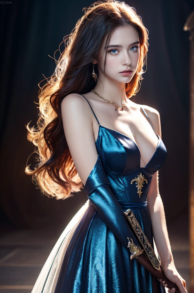 ( masterpiece, top quality, best quality,8k,17 years old girl,ultra detailed,raw photo:1.5),(photorealistic:1.4),(cinematic lighting), PerfectNwsjMajic, , Surrealism, UHD, ccurate, Super detail, textured skin, High detail, Best quality, dynamic angle, (high nose,White skin),[Beautiful blue eyes],[flat chest:large breasts:0.5],(1girl),(good anatomy:0.5)),a woman in a dress with a sword, a beautiful fantasy empress, ((a beautiful fantasy empress)), beautiful fantasy maiden