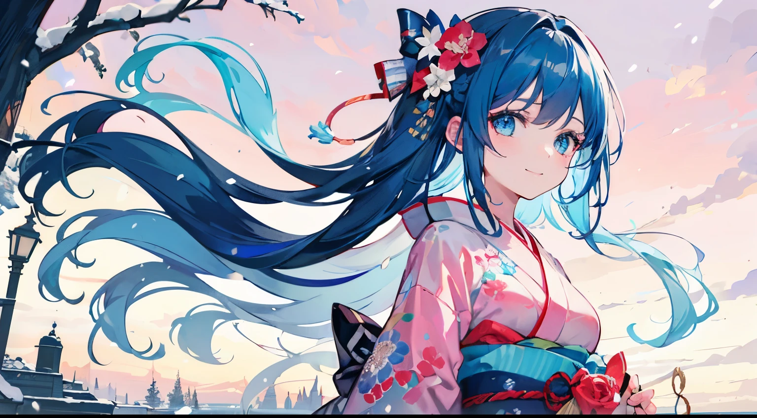 Artistic photography, Real light and shadow on athe snow's day,European architecture in the distance,On the sea beach,((A kimono with colorful floral patterns on a pink background)),1. Beautiful Give,A shy smile,Upper body,side,Light blue hair,(((Long Light blue hair))),(((Bright Blue Eyes))),(Long Hair),(the snow's),the wind is strong,heavy snow falls,