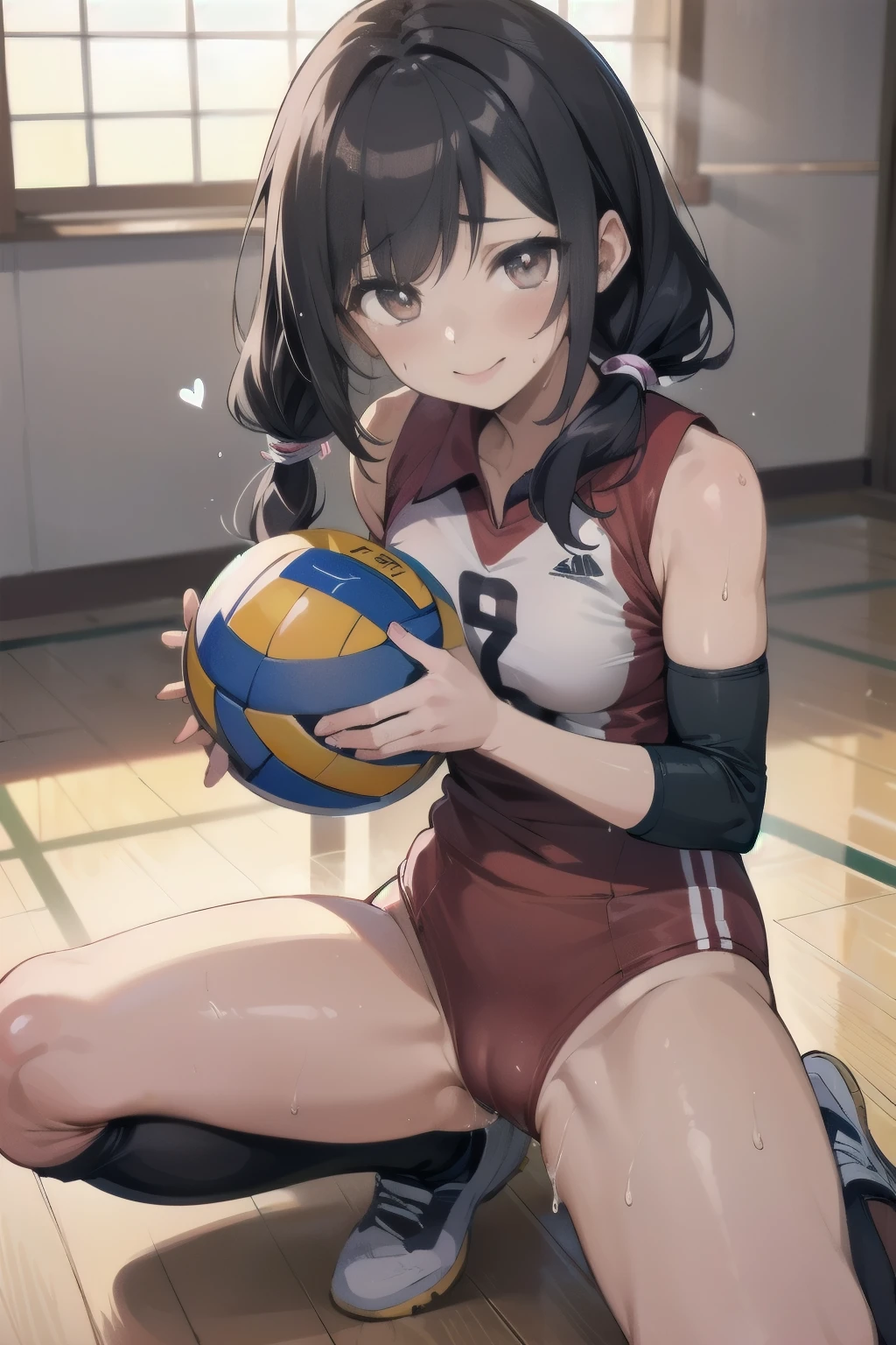 unity 8k wallpaper, anatomically correct, (((masterpiece))), (((best quality))), (((ultra detailed))), (((high-resolution))), ((Ultimate cutie)), perfect hands, perfect finger, (((good anatomy))), detailed beautiful face, shiny hair, (((gyaru))), (potbelly), (curvy), medium breasts, ((Thick thighs)), (((solo))), ((seductive smile)), (((blush))), ((embarrassed expression)), (Eyes are heart marks), (heart shaped pupils), ((trembling)),
BREAK, (((sit astride the perfectly spherical shape 6-inch volleyball))), (((Straddling a perfectly spherical 6" volleyball))), (((Perfectly spherical 6" volleyball fits perfectly crotch))), BREAK, (((Rub the Perfectly spherical 6" volleyball against crotch))), (masturbation),
BREAK, adidas, (Collared volleyball uniforms), sleeveless, ((buruma)), ((kneepad)), ((pussy juice stained)), (elbow pad), (((sweat))), (((covered in sweat))), ((deep breathing)), in Volleyball Court, indoor, lighting, looking at viewer, full body, (spoken heart)