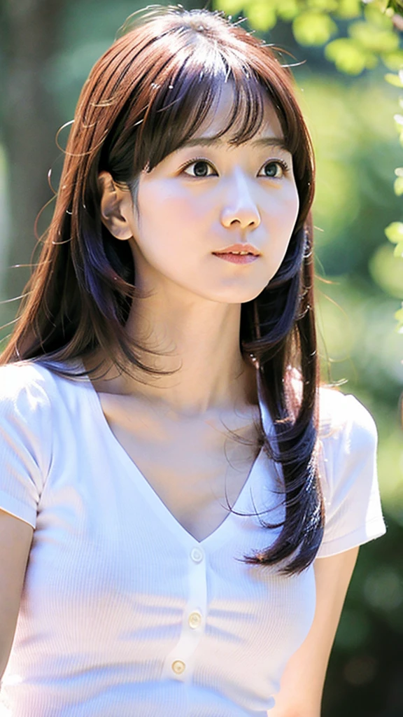 (Highly realistic photos, High resolution, Detailed face, Fine grain) Skinny Japanese woman, 40 years old, wife, Cute face, alone:1, Nice body, Thin body type, Small breasts, Mr.々Hair style, White shirt, Accentuates a very slim waist, pose for the audience, Full body photo,お姫Mr.カットのヘアスタイル