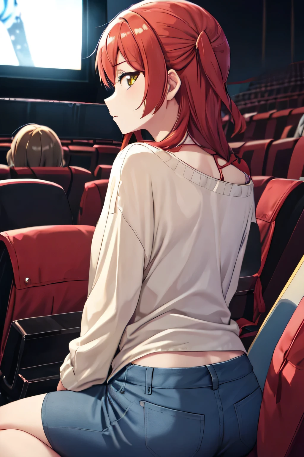 Kita ikuyo using a casual clothes,watching a movie,in a cinema,kita is sitting beside you,you sit beside kita,kita is facing to the creen,you take a pic while kita is facing to the screen from beside