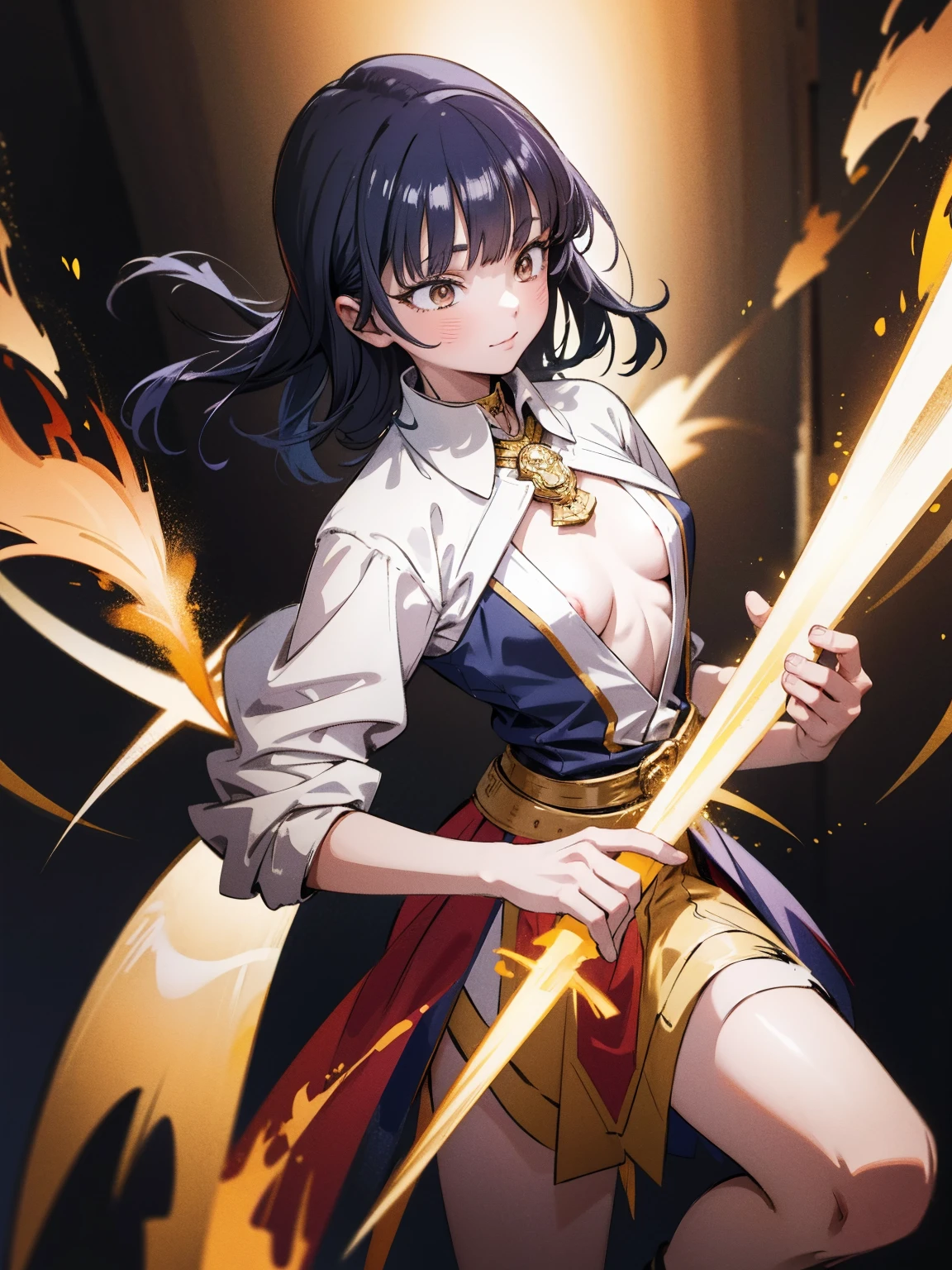 8K,((highest quality)), ((masterpiece)), ((High resolution)), ((Perfect Face)),girl,((Burning Flames_background)),((Shining Aura)),((Flat Chest)),((Small breasts)),blouse,Open-collar shirt,((Chest turbulence)),Short Bob,Dynamic hair,((Colorful hair colors)),Bangs,A confident smile,Iris eye,whole body,dynamic pose hand holding a sword gripping sword in hand,hand holding shining mechanical sword, gripping shining mechanical sword in hand,((炎を纏った長sword)),((赤く光るsword)),((Big size_sword)),