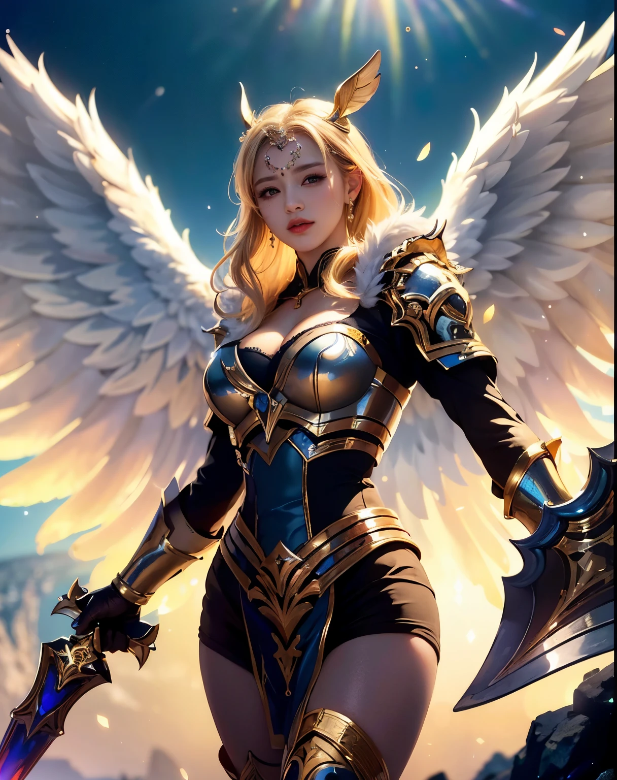 Create an image of Riven in her 'Dawnbringer' skin, adorned in radiant, angelic armor with glowing golden details. Riven is using her 'Valor' ability, with a protective golden shield forming around her as she dashes forward, leaving a trail of light in her wake.