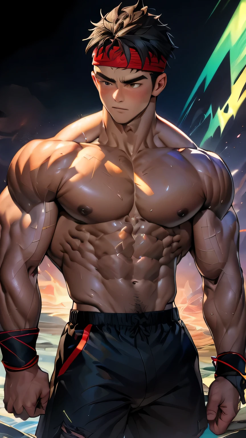 (Masterpiece, Best quality 19 year old boy, black background), solo, Young, boy, muscler, Shirtless, topless, (Dark Short straight hair, under cut, brown eyes), (torn clothes, red headband, ((black wristband))), Vivid colors, (hot Abs:1.2, abs!, big abs, big breast:1.2, chest!, muscler upper arms), (topless male), muscler!, muscler body, (aura power:1.4), detailed face, detailed muscle, (((A magical mystical aura, action, rippling muscles)))
