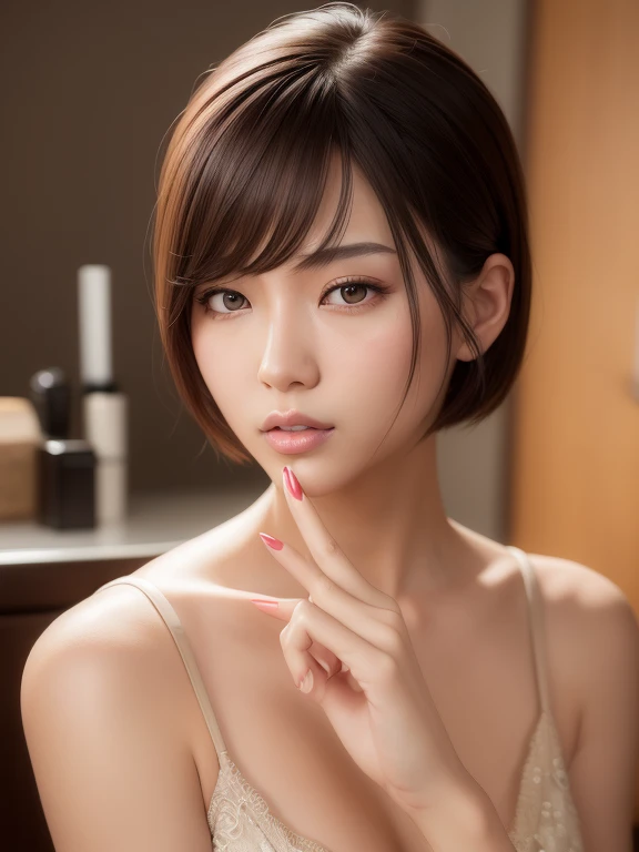 Digital portrait of gorgeous Japanese short hair woman, Beautiful Face, Complex, Cinematic, realistic epic, Unreal Engine 5, nice, Incredible color grading, Trending on ArtStation, photograph, Cinematic cinematography, Art Germ and Ross&#39;s drawing style、Applying lipstick while looking in the mirror