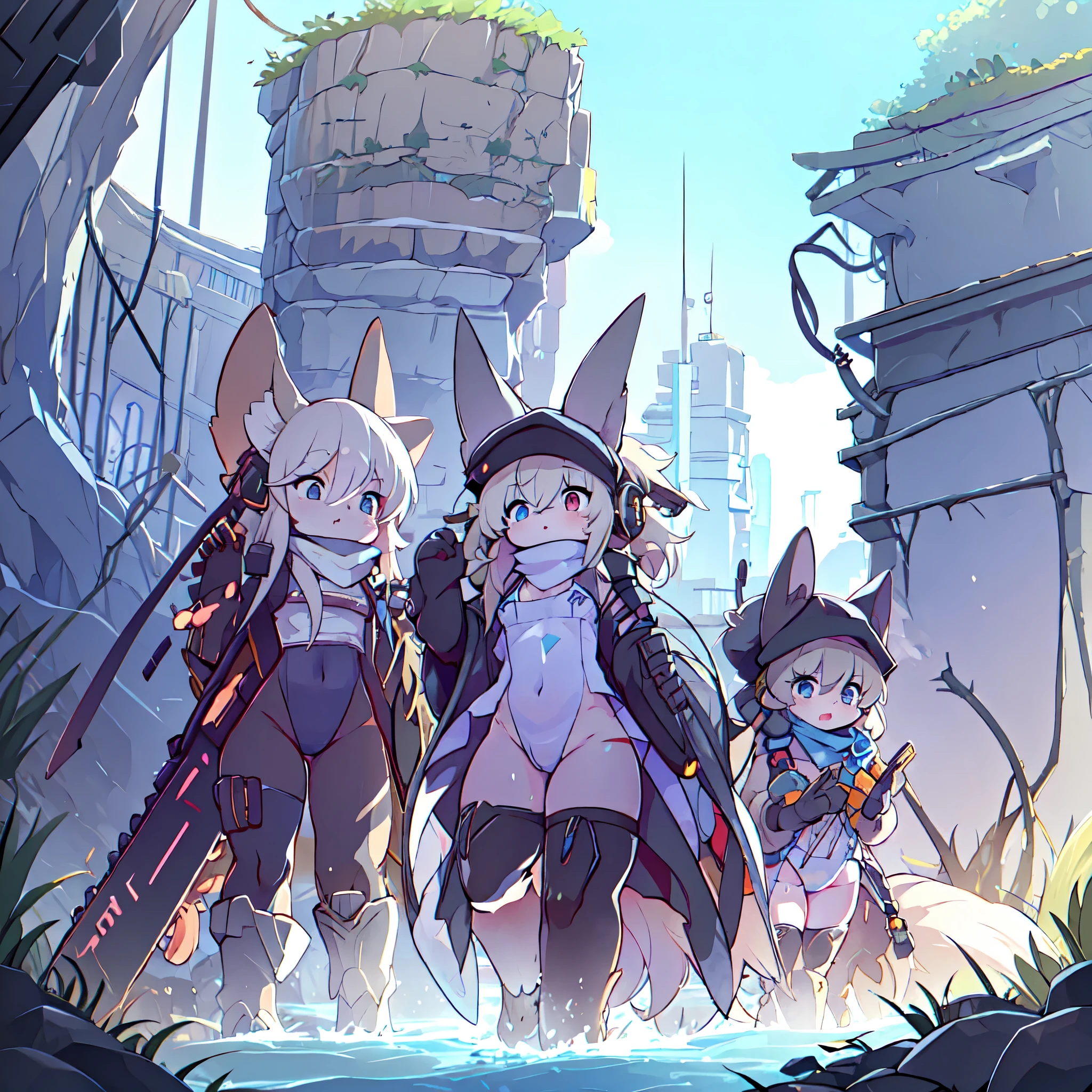 Kawaii, Striped Fluffy Fox, emaciated, long hair, where water meets sky and flooded city, 3girls, artificial synthetic skin, life support prosthetics, digital headphones, Military-under shirt, black tight latex leotard, white over-sleeve mechanical long dress, thigh-high-socks, shorts, loose off-the-shoulder hood open jacket, holsters in thigh, Mechanical boots, tactical knee pads, tactical belted loose Arm Sleeves, division, cybernetic Display gloves, chest rigs, tactical belts, line halo, bulletproof goggles on forehead, from Ark nights, g41,