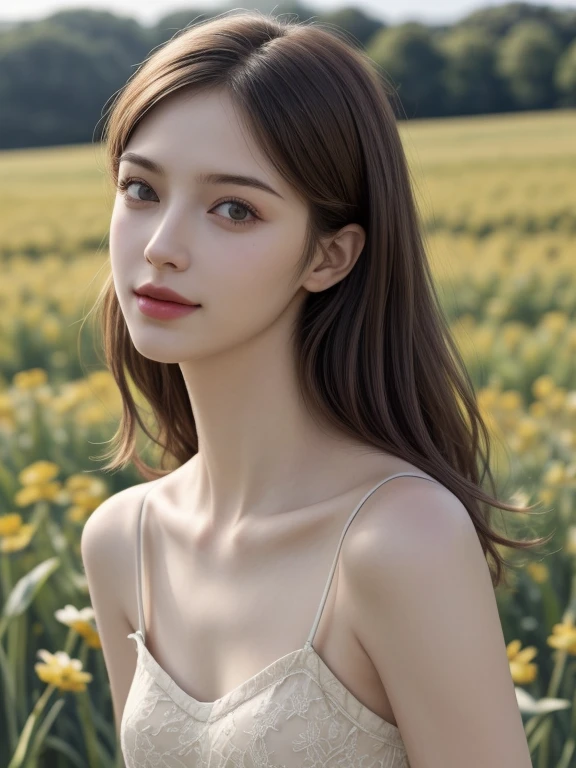 (masterpiece, highest quality, High resolution:1.3), From the side, Close-up portrait, alone, beautiful girl, Slim, feminine appearance, flat abdomen, Perfect Skin, rift, Detailed hair, Delicate and beautiful face, attractive appearance, ((Wearing a camisole sundress)), Face up, Outdoor, Grassland Plains, How to sit, Grin, ((realism, Ultra-realistic, Realistic details))