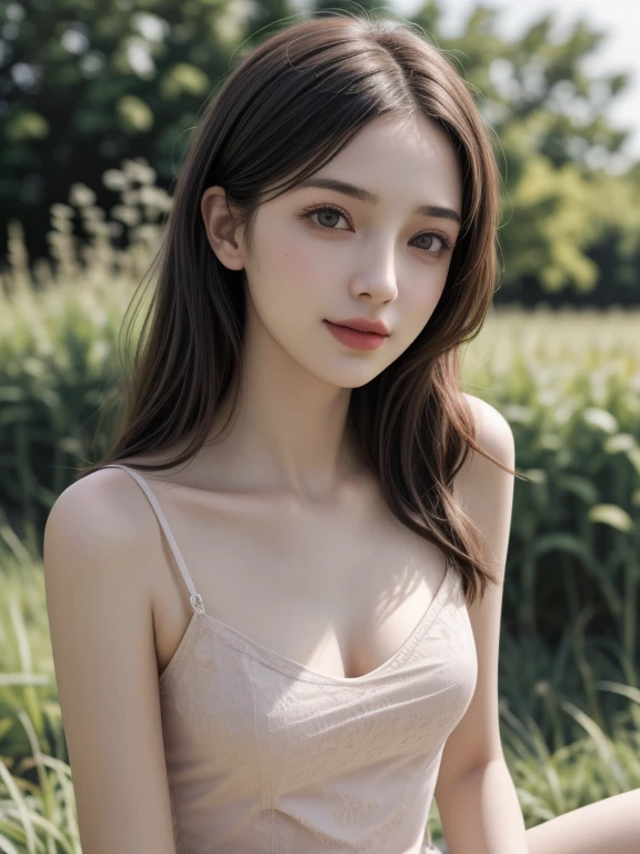 (masterpiece, highest quality, High resolution:1.3), From the side, Close-up portrait, alone, beautiful girl, Slim, feminine appearance, flat abdomen, Perfect Skin, rift, Detailed hair, Delicate and beautiful face, attractive appearance, ((Wearing a camisole sundress)), Face up, Outdoor, Grassland Plains, How to sit, Grin, ((realism, Ultra-realistic, Realistic details))
