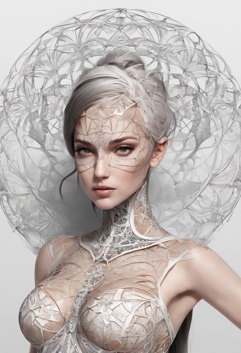 Fractal theme, mock up, female，bust , Huge cleavage breasts, Artistic stereoscopic measurement, math, art fantasy, art flower of life sacred geometry, Sparks and surges, sticker, Vector t-shirt art design, Prepare for printing, White background, Energetic, Thin outline lines of absolute black, detailed, sticker