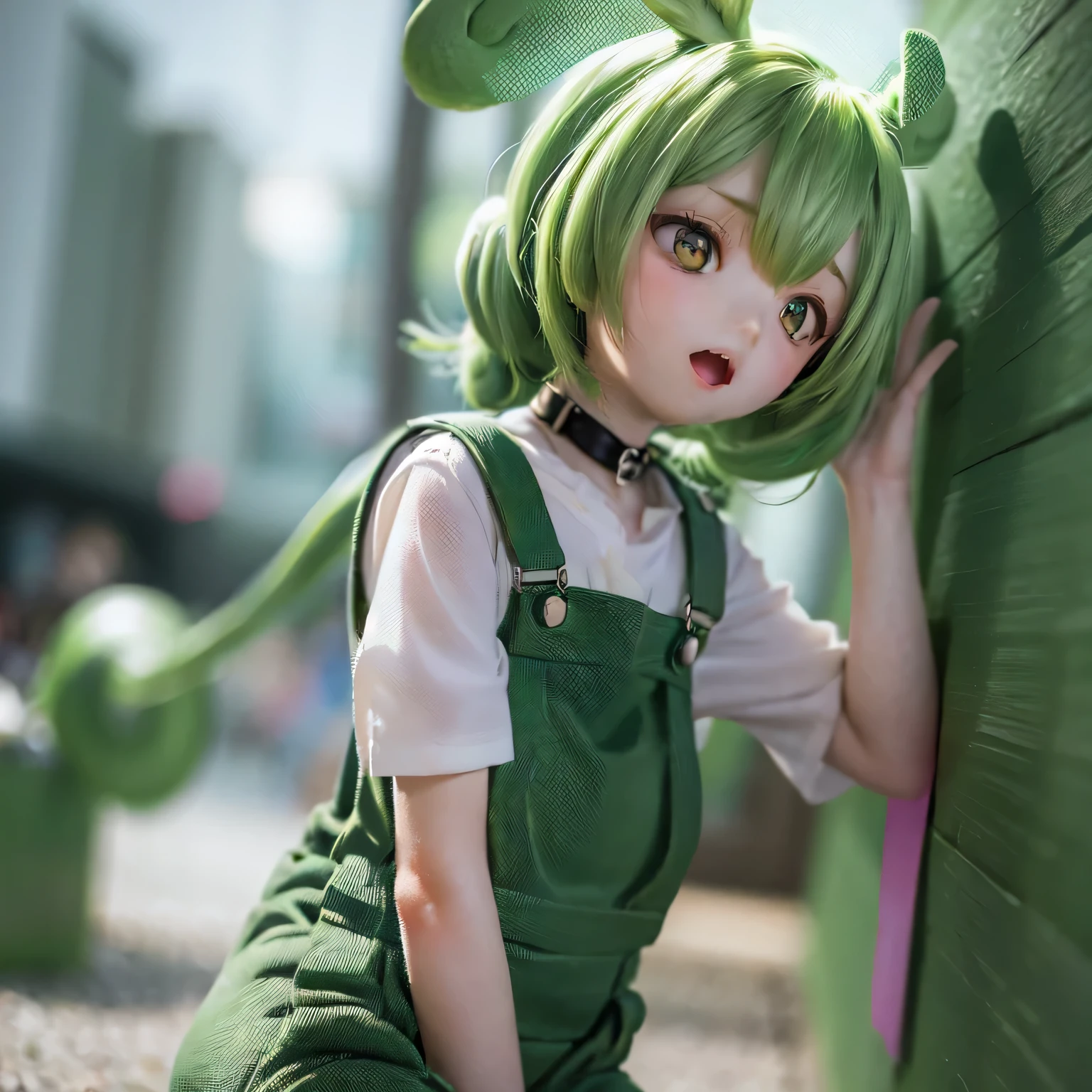,(figure),(((city))),(highest quality,Very detailed,High resolution),(Vibrant colors),(Proud face),((((((Little)))))),(Green Hair),(Open your mouth),(nude)(((Zundamon's hairstyle))) whole body ,(Proud face),(((((Little))))),(Green Hair),(White blouse),(((((8 Green baggy overalls)))))Smug face