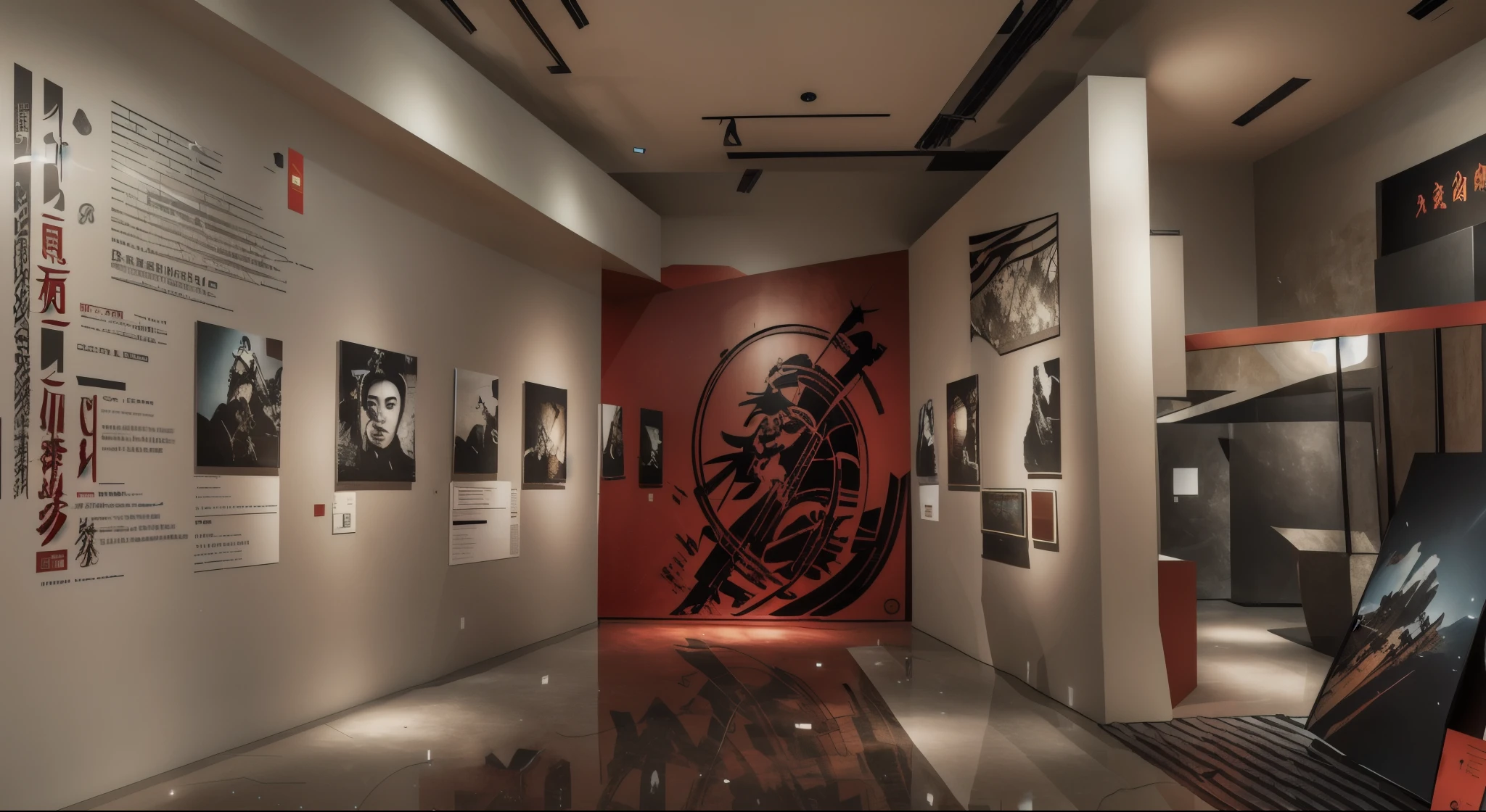 Immersive art exhibition design, existirtual Reality Experience China, The Chinese Red Wall Theme Exhibition Hall is located in, Chinese War Art Museum Space, With large text "exist, Chinese characters, Three hanging walls,White background image, Display panel renders the scene using multiple layers of lighting and shadows. The whole scene was full of atmosphere and solemnity.. Surrealism, Unreal Engine 5