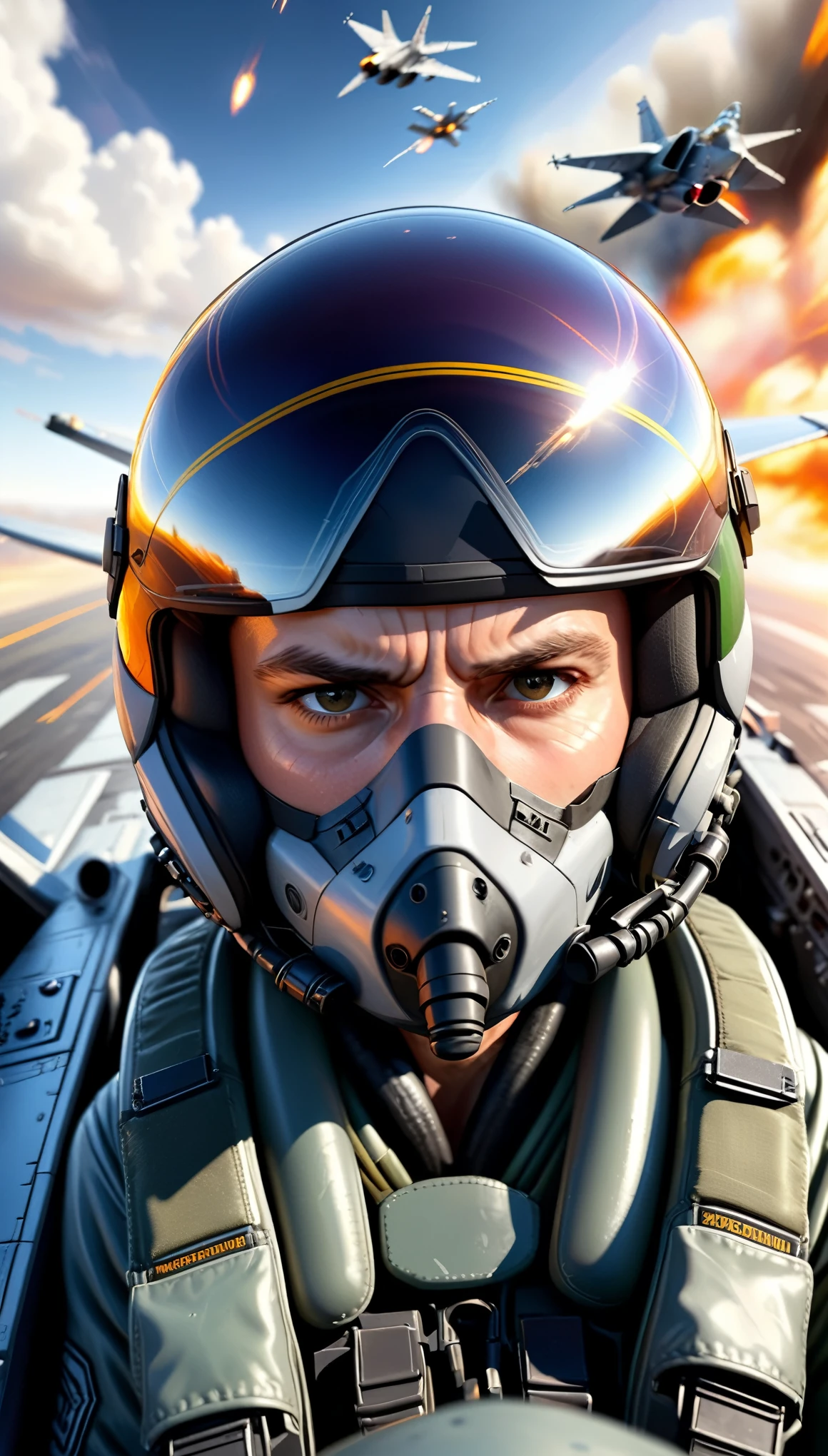 (realistic,masterpiece:1.2),(motion blur:1.5), jet fighter,ultra-detailed,highres,extremely detailed cockpit,extremely detailed exterior,fighter pilot inside the cockpit looking intense and focused,sharp focus on plane,blazing speed,ultra-fast maneuvers,very high motion blur,flight very low over the ground,unbelievable speed causing the environment to appear blurred in motion,studio lighting,physically-based rendering,bokeh