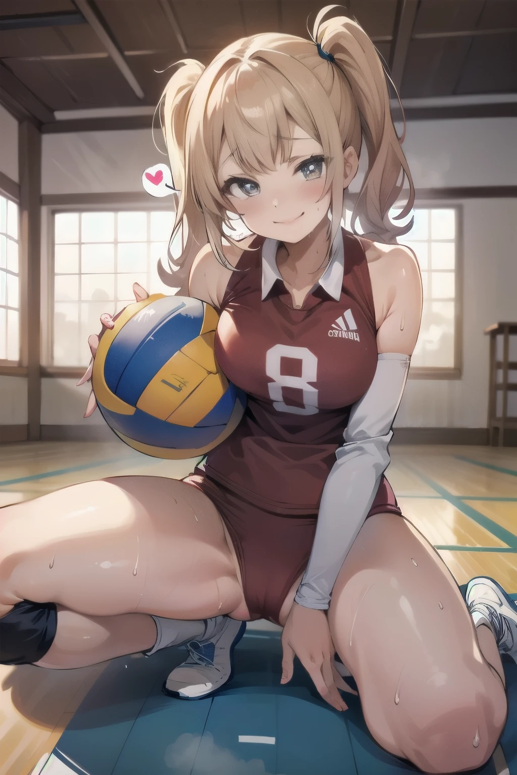unity 8k wallpaper, anatomically correct, (((masterpiece))), (((best quality))), (((ultra detailed))), (((high-resolution))), ((Ultimate cutie)), perfect hands, perfect finger, (((good anatomy))), detailed beautiful face, shiny hair, (((gyaru))), (potbelly), (curvy), medium breasts, ((Thick thighs)), (((solo))), ((seductive smile)), (((blush))), ((embarrassed expression)), (Eyes are heart marks), (heart shaped pupils), ((trembling)),
BREAK, (((sit astride the perfectly spherical shape 6-inch volleyball))), (((Straddling a perfectly spherical 6" volleyball))), (((Perfectly spherical 6" volleyball fits perfectly crotch))), BREAK, (((Rub the Perfectly spherical 6" volleyball against crotch))), (masturbation),
BREAK, adidas, (Collared volleyball uniforms), sleeveless, ((buruma)), ((kneepad)), ((pussy juice stained)), (elbow pad), (((sweat))), (((covered in sweat))), ((deep breathing)), in Volleyball Court, indoor, lighting, looking at viewer, full body, (spoken heart)
