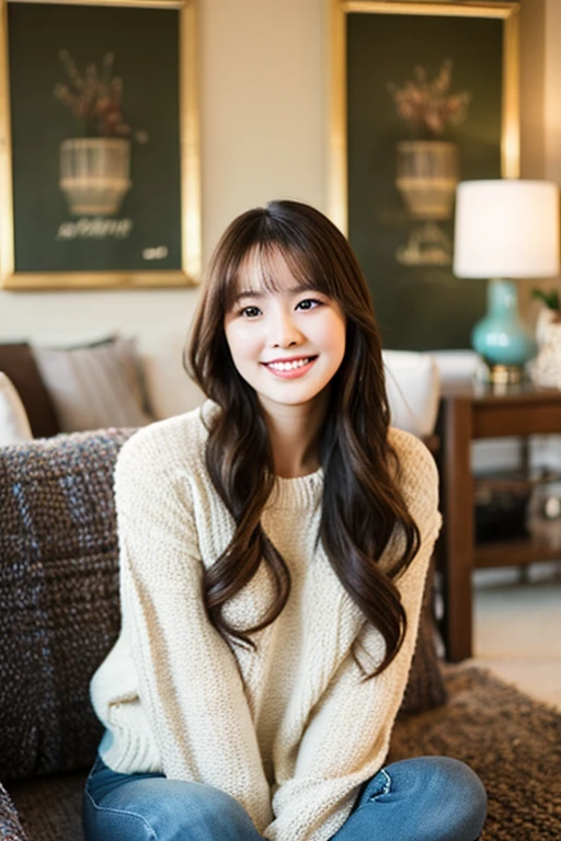 A portrait of a young wife in her 20s, looking cheerful and stylish. She has long, flowing hair and is wearing a modern, casual outfit. The background is a cozy, well-decorated living room, reflecting a warm and inviting atmosphere