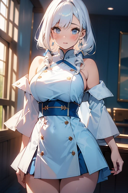 anime,1girl,pov,masterpiece,high quality,High resolution,HD,4K,8K,viscous paint,photo realistic,white hair,(Blue clothe:1.5),Nurse,Ao Dai,Cape,(open shoulders:1.4),underbust,(breastshaping:1.2),(boob shaped clothes:1.3),mini tight Skirt,Clothes full of gaps