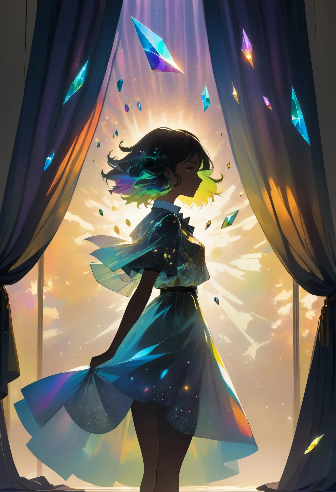 shadow art, fusion art, silhouette art, flash art, best quality, super fine, 16k, incredibly absurdres, extremely detailed, delicate, flashy and dynamic depiction, beautiful cute woman's shadow reflected on transparent and translucent curtains, short messy hair, wind, wind-effect, blend art, mixture art, design art, BREAK, background masterpiece mysterious and mystical worldview like Alice in Wonderland, kaleidoscope of clockpunk, steampunk, dieselpunk, and (Cyberpunk:0.7), Falling glittering celestial bodies painted with shattered colorful iridescent gemstones