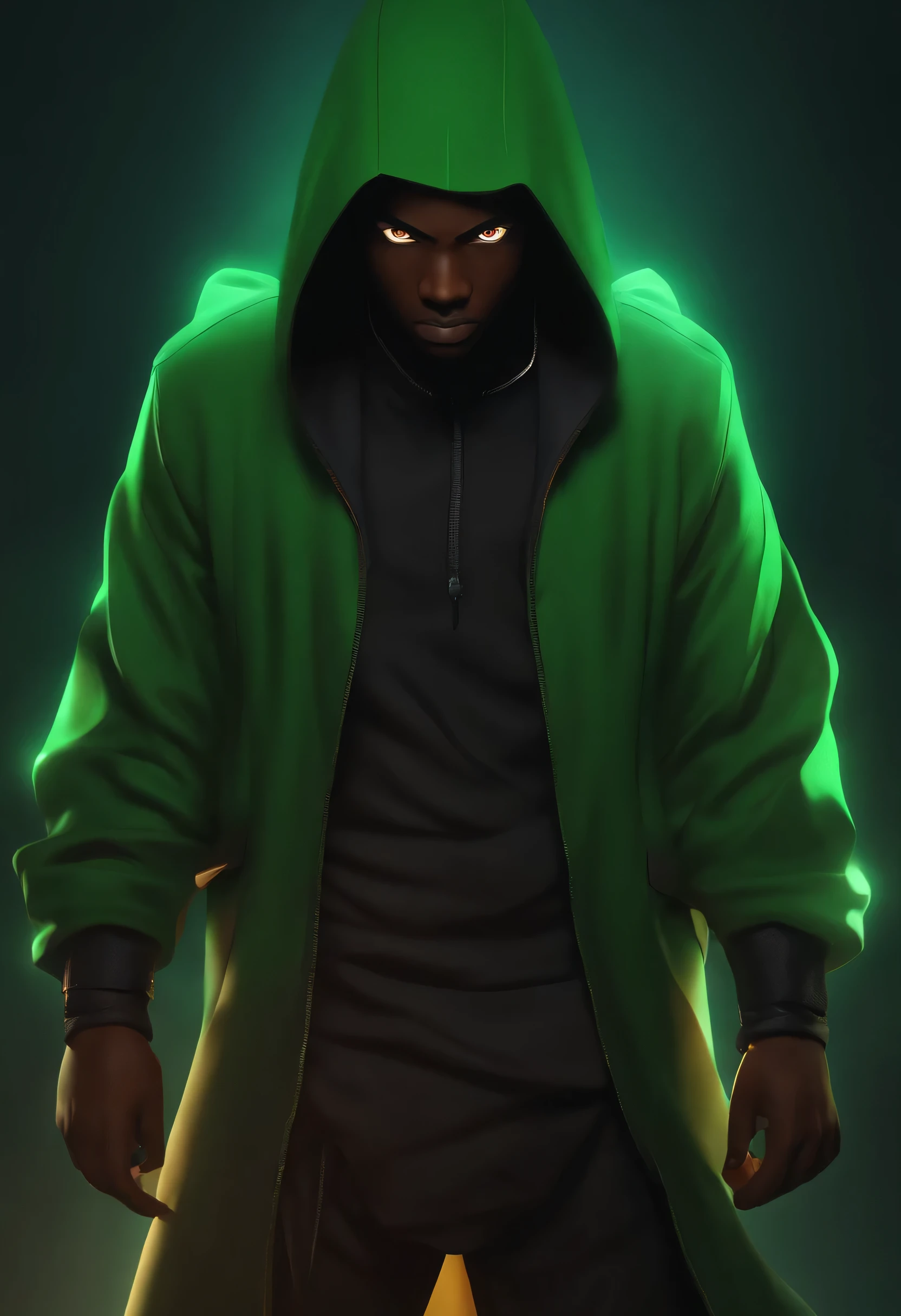 Naruto like charater but has dark skin and has green jacket in the hood 3d image in the dark