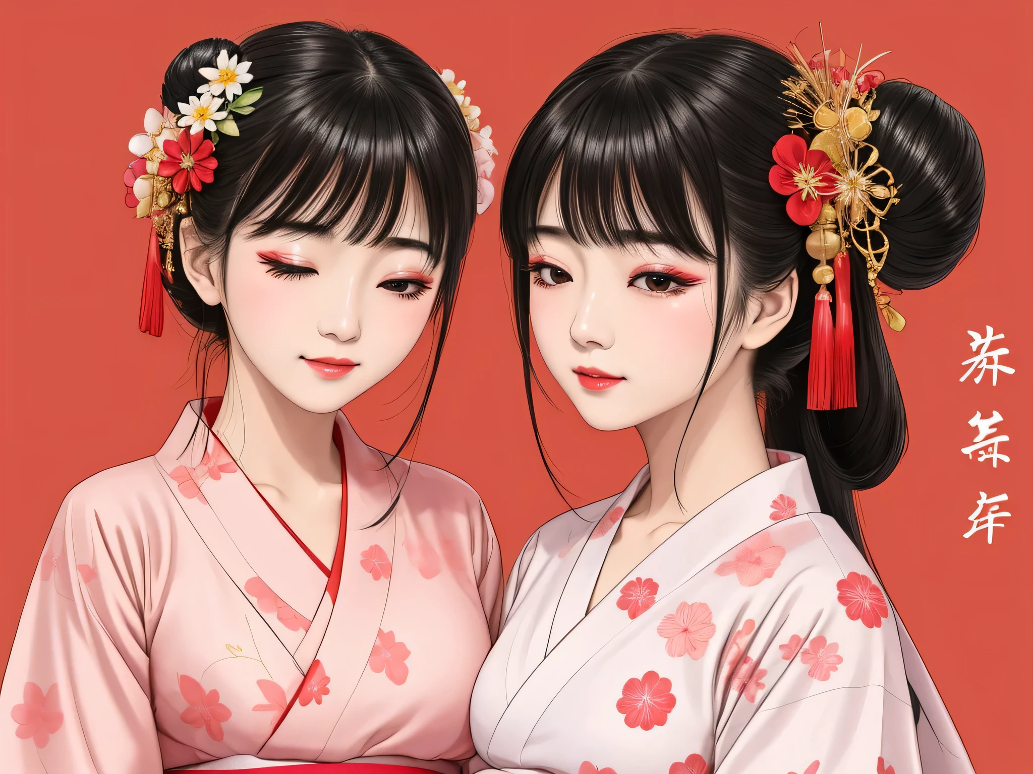 Each has a different expression2People and sisters、(2 girls)、⦅Dancing traditional performing arts gracefully)、((Big Breasts、Small Face、Not exposed))、highest quality、masterpiece、(Black Hair、Bun Hair)、Brown Eyes、⦅Wide angle、Angle from above, from the waist up、Pause on the magazine cover、Each person has a different perspective when looking into the distance⦆、(8K high quality、masterpiece、High resolution、Realistic and beautiful light and shadow、(highest quality)、(High Resolution)、(Very delicate and beautiful)、(Beautiful 8k face)、(Smiling and closing your eyes、Beautiful eyes)、(Clear skin)、(Soft hair)、(8Head to Body)、(A Japanese style yukata kimono with red, pink and orange floral patterns on a white background, interspersed with gold powder、Five beautiful Japanese girls wearing yukata)、((Tanabata decoration background))、((Small Face))、(arms up)、Thin and small nose、(Red lipstick)、(Make your cheeks red)、(Glossy skin)、((Ink painting style))、Very thin eyebrows、Overall ultra-high image quality、(She is wearing maiko-style makeup.)、Whitening、Long and beautiful eyelashes、Glowing Skin、(Red cheeks),Straight nose、masterpiece、highest quality、whole body、 Eyebrows visible through hair、Bun Hair、Grin、Gal、Kogal、Viewer's Eyes、Plaid、Stylish、woman、fine、Pause、
Waiting to start