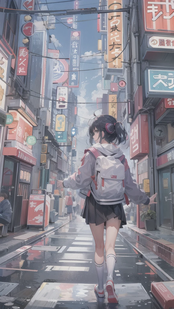 (masterpiece), (highest quality:1.4), (Ultra-high resolution:1.2),  Highly detailed background, (unity 8k wallpaper), Cute high school girl walking through the streets of Tokyo with headphones on。Illustrations inspired by city pop culture、、Wear loose socks for a stylish and nostalgic look、Displaying one subject without splitting the screen