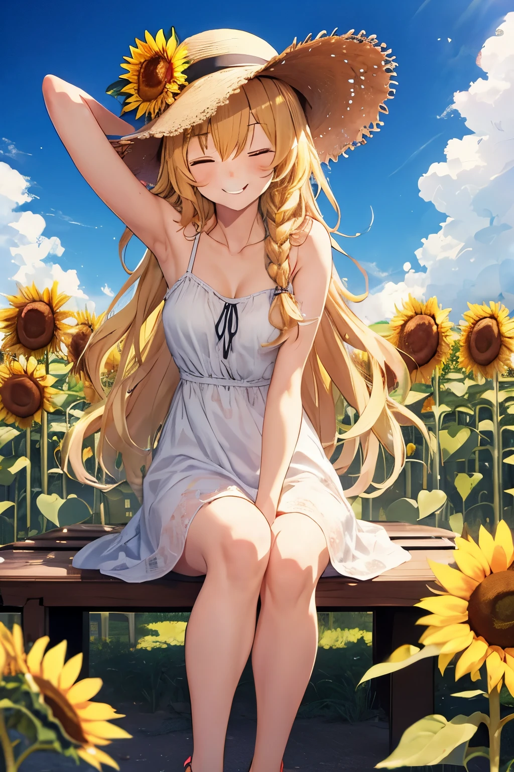 kirisame marisa,White Dress,Straw hat,Sandals,sleeping face,A carefree smile,With a smile,sunny,summer,,One-eyed wink,sunflower,sunflower field,front,Peace sign with one hand,Sit on a bench,one person,lean on someone