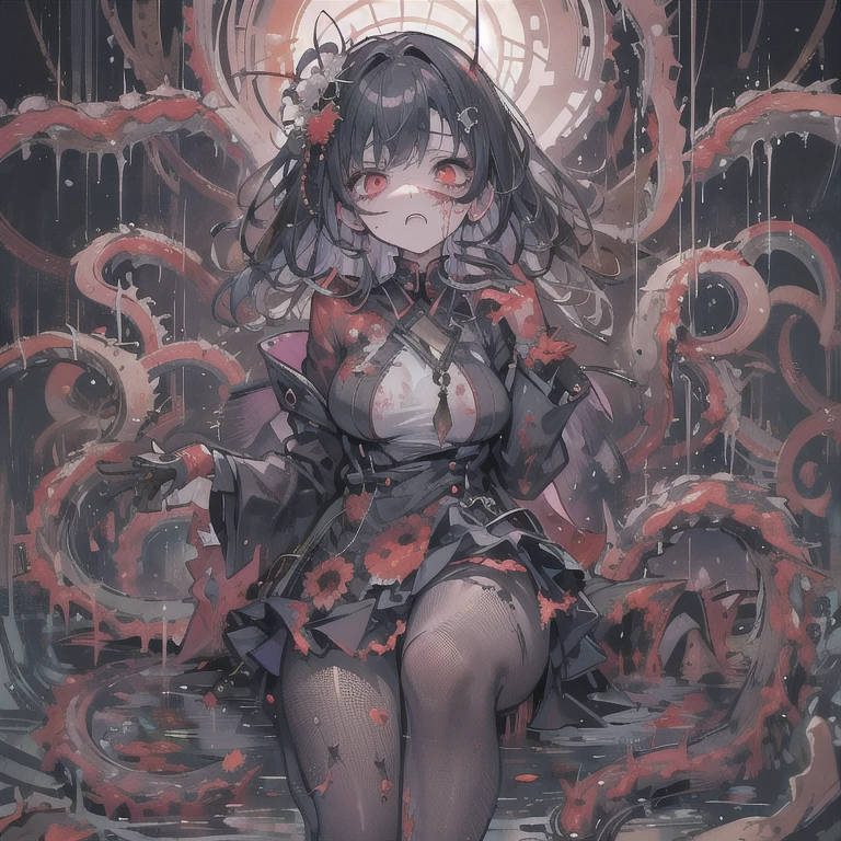 masterpiece, best quality, masterpiece,best quality,official art,extremely detailed CG unity 8k wallpaper, show foot, ***********, solo, kawaii, no_humans, medium hair, black hair, tentacle hair, saliva, blood on face, light blush, red eyes, blood from eyes, large breasts, hanging breasts, one breast out, seifuku, black pantyhose, uwabaki, tentacle, vore, bdsm, girl_on_top, sex, femdom, facesitting, pussy_juice, female_ejaculation, cum, zombie  girl ，one girl one boy，Girl infects man，Man under girl，Zombie girl，Blood on the face，Zombie girl感染人类