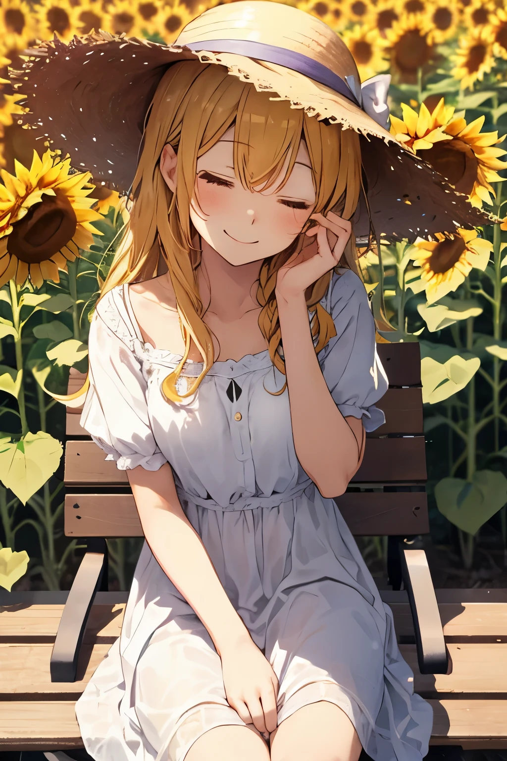 kirisame marisa,White Dress,Straw hat,Sandals,sleeping face,A carefree smile,With a smile,sunny,summer,,close your eyes,sunflower,sunflower field,front,Peace in one hand,Sit on a bench,one person,lean on someone