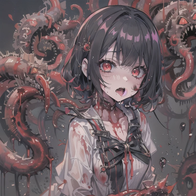 masterpiece, best quality, masterpiece,best quality,official art,extremely detailed CG unity 8k wallpaper, show foot, little girl, solo, kawaii, no_humans, medium hair, black hair, tentacle hair, saliva, blood on face, light blush, red eyes, blood from eyes, large breasts, hanging breasts, one breast out, seifuku, black pantyhose, uwabaki, tentacle, vore, bdsm, girl_on_top, sex, femdom, facesitting, pussy_juice, female_ejaculation, cum, zombie  girl ，one girl one boy，Girl infects man，Man under girl，Zombie girl，Blood on the face，Zombie girl感染人类