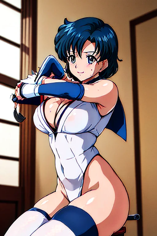 masterpiece, best quality, beautiful art, high resolution, well formed hands, body and fingers, 1 woman, solo, Sailor Mercury , adult, grown up, big breasted, cleavage, full body, wearing a Iroha Samurai Shodown outfit, hair ornament, gorgeous legs and thighs, maid, sexy Japanese clothes, pelvic curtain, black stockings, sleeveless, leotard peeking, sexy sailor senshi uniform, blue skirt lifted, long elbow gloves, sailor collar, she is doing exercise, warming up, stretching her body, bouncing breasts, sexy and erotic training, working out, sweating, smiling joyfully and brightly, training montage session, beach environment