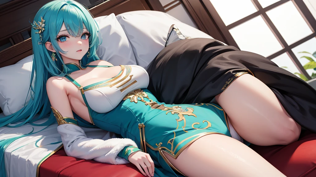 A girl with long blue hair covering one eye, emerald green eyes, and exposed breasts in a cheongsam