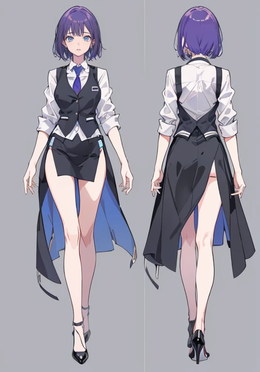 ((Perfect Face)),Purple Hair,Very short hair,1 female,,Black vest,Roll up your sleevesYshirt,tie,slit,High heels,,((Simple Background)),smile,((Full Body)),((full body)),