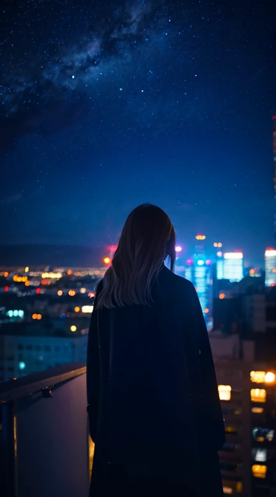 1people々々々,Blonde long-haired woman,Long coat, Dress Silhouette, Rear View,Space Sky, comet, Anime Style, Night view of the city from the rooftop,
