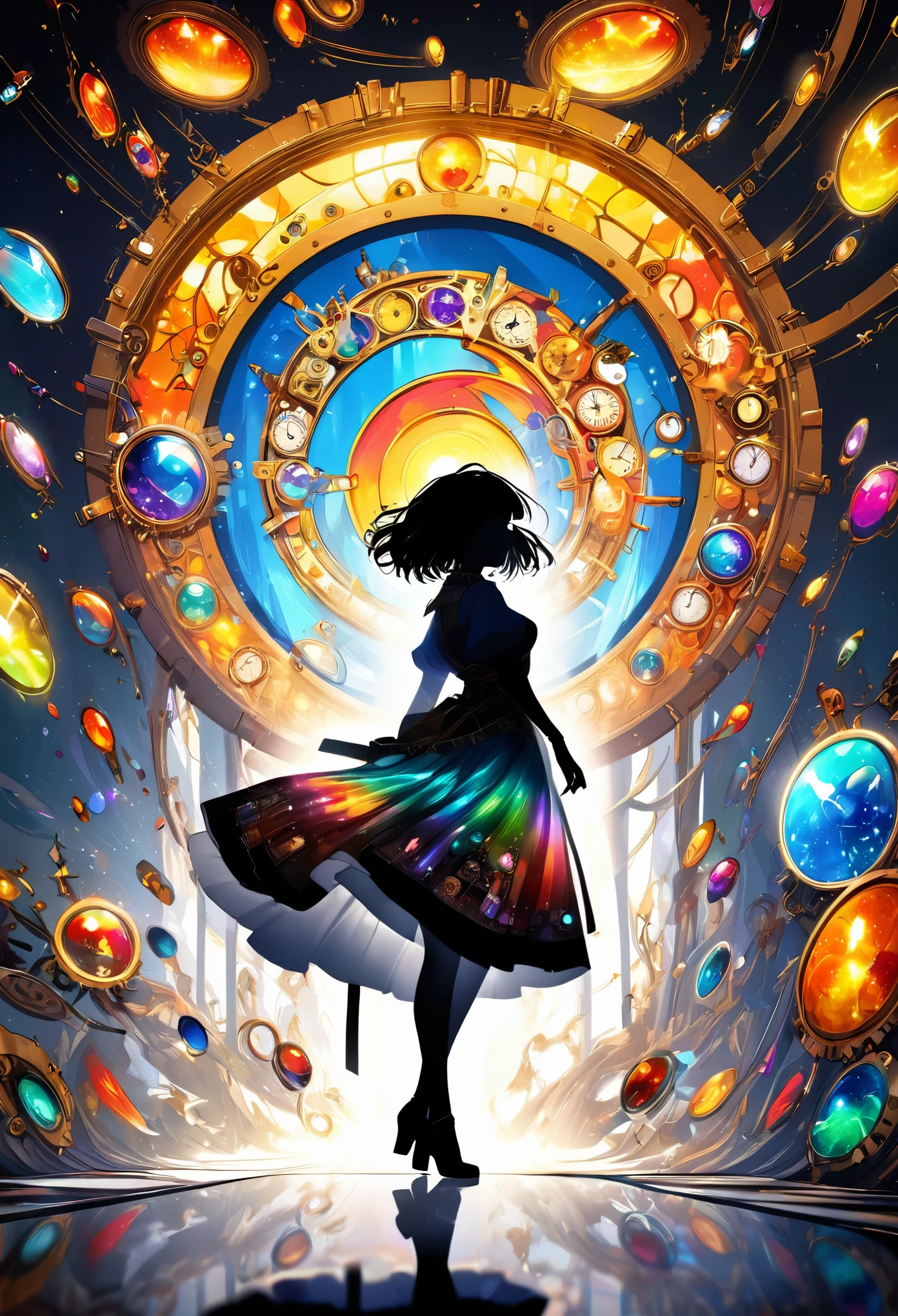 shadow art, fusion art, silhouette art, flash art, best quality, super fine, 16k, incredibly absurdres, extremely detailed, delicate, flashy and dynamic depiction, beautiful cute woman's shadow reflected on transparent and translucent curtains, short messy hair, wind, wind-effect, blend art, mixture art, design art, BREAK, background masterpiece mysterious and mystical worldview like Alice in Wonderland, kaleidoscope of clockpunk, steampunk, dieselpunk, and (Cyberpunk:0.7), Falling glittering celestial bodies painted with shattered colorful iridescent gemstones
