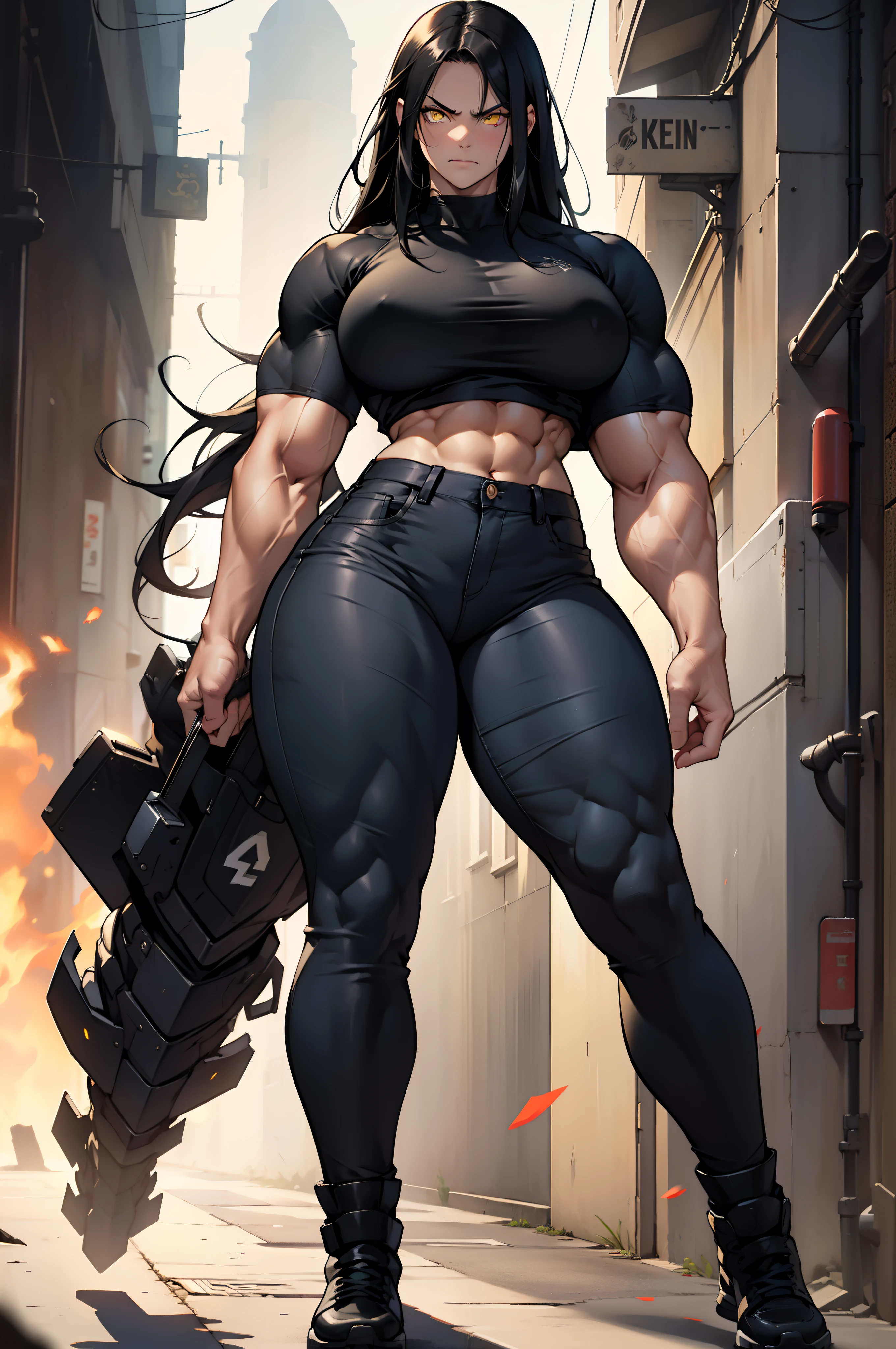 solo, ((((1 girl)))), very long hair, black hair, angry, yellow eyes, (((((muscular))))), (huge tits), (thick thighs), (wide hips), (full body), pale skin, (tight shirt), (tight pants), standing, slick hair
