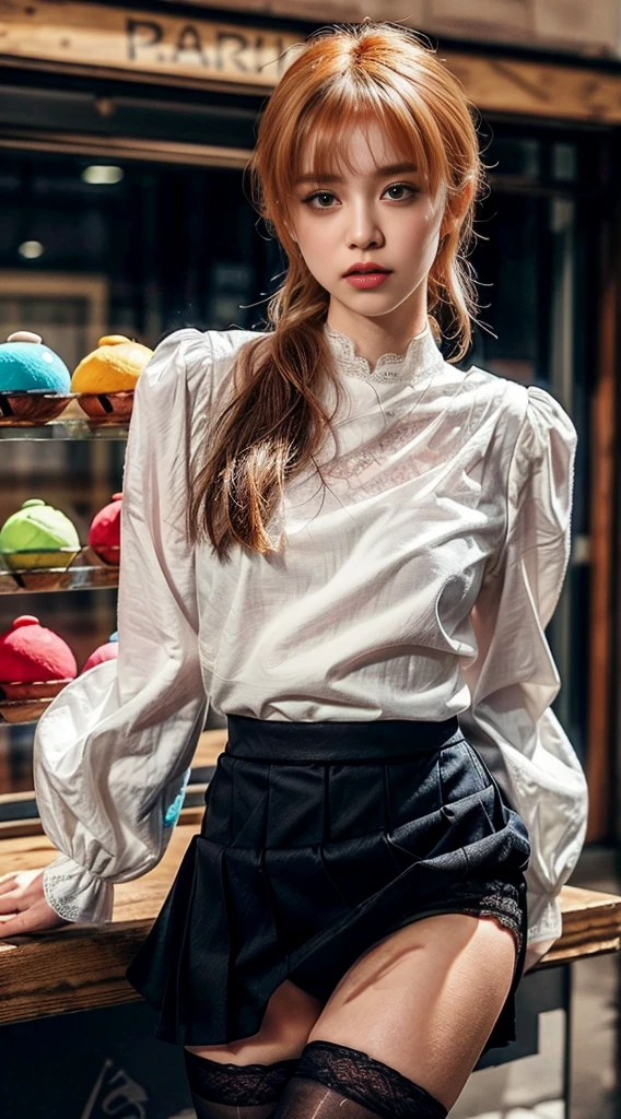 ((((Odango Hair))))、piercings, shirt with collar, Long bangs、(((Inside a cool clothing store)))、(tmasterpiece, top-quality, in 8K、32K、masterpiece, nffsw, ultra gigantic 、超A high resolution、Impresionismo、Photorealsitic:1.2)、cowboy shot, sharp focus, Beautiful face with detailed face and eyelid background, blue open sky, shinny skin, Sharp pupils, Realistic eyes and beautiful face, blurry background, 18 year old beautiful girl, (((bright and beautiful hair)))、Black eyes、(((puff sleeve lace blouse)))、(Knee-length skirt)、(Very small(blanche)I see scanti:1.45)、thighs thighs thighs thighs, Curve, Dynamic Poses, Powerful composition、((Melancholy look))、((A look of contempt))、Sweating、((orange hair color))、((brown eyes), Lace panties、((Sauce order))、lofty nose、(small mouth)、skirt rift、((Grabbing the skirt))、stockings, Pubic hair is visible, store clerk、(Wearing a name tag)