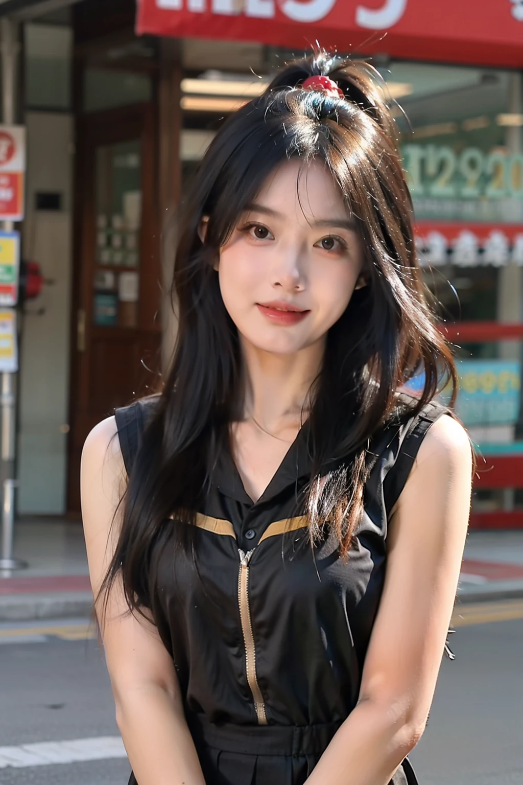 25 year old woman, black haired, Whole body,Thai student uniform,long hair,seductive stare, chuckle