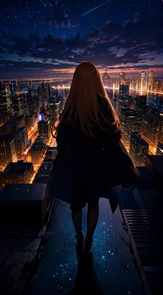1people々々々々,Blonde long-haired woman,Long coat, Dress Silhouette, Rear View,Space Sky, comet, Anime Style, City night view from the rooftop,