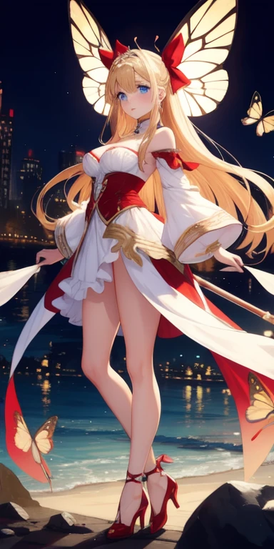 (work of art), (masterpiece), (best quality), a blonde girl, (blue eyes), wearing nothing, brightly lit night city background, red bow, butterflies in golden circle, flowing hair , but g , full figure head to toes , standing beside poles