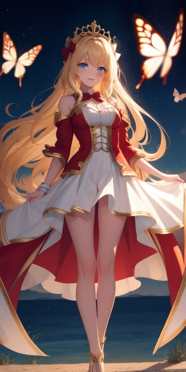(work of art), (masterpiece), (best quality), a blonde girl, (blue eyes), wearing  nothing, brightly lit night city background, red bow, butterflies in golden circle, flowing hair , but g , full figure head to toes , standing beside poles 