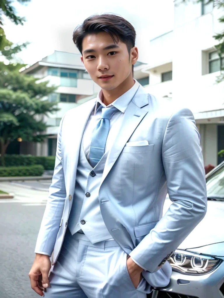 A smiling young Japanese man.Smooth and fair skin.Smiling face. Natural light on face.a japanese man's face.Smile. looking in the direction of the camera. arafficial asian man in a suit and tie standing in front of a car, wearing a light blue suit, Handsome chad chin, Mr. Jia, Inspired by Lee Joong-geun, Handsome man, wearing suit, Xiaorong, suit, in a suit, Roth Tan, blue suit, Handsome, well dressed, wearing fashion suit, steve zheng