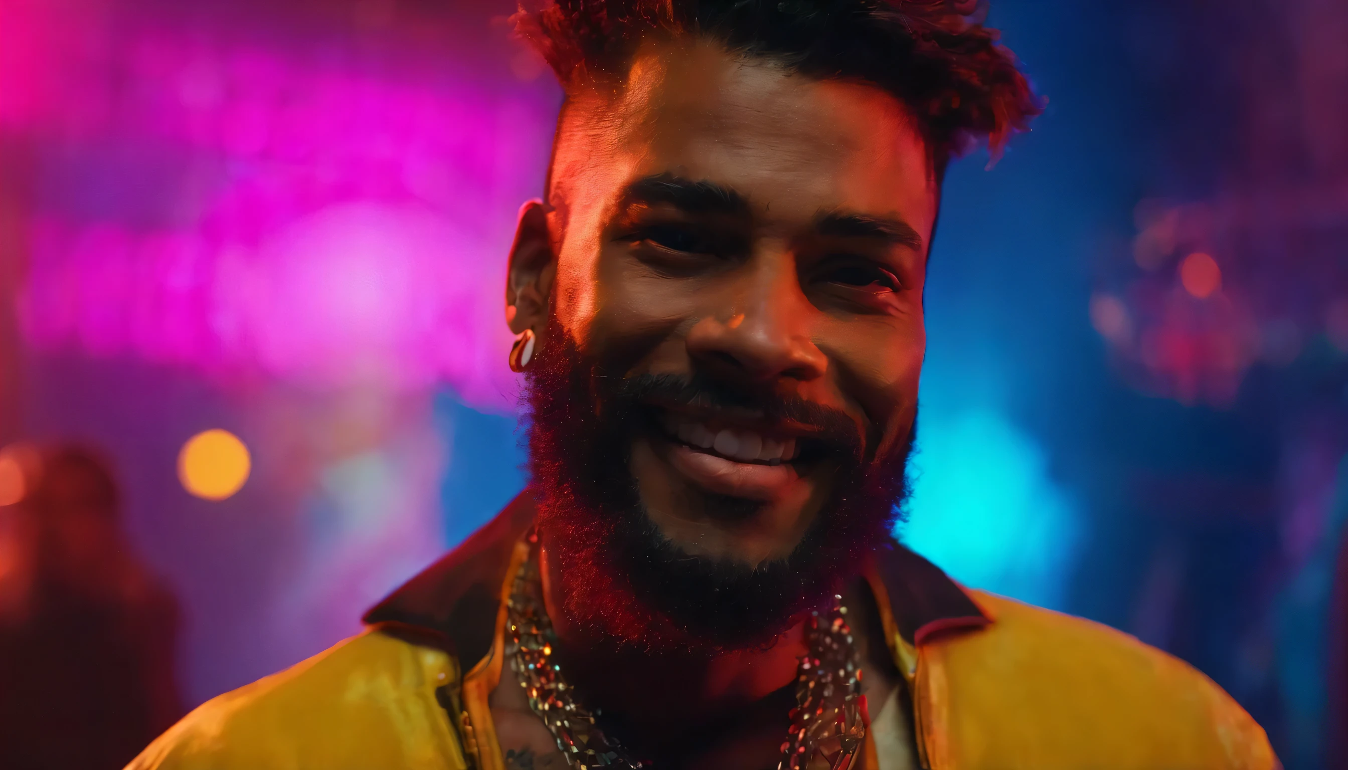 (((cinematic film still of brown skin male style))), ((Brasilia man with face tattoo)), (((((Smiling Face))))), (((neon light))), (electricity:1.2), (smoke:1.4), (((((sing music))))), (RTX) cinematic film shot in 70mm, depth of field, vivid colors, (best quality,ultra-detalhado,Realistic:1.37), (8k, ARTISTIC photography, best quality, masterpiece: 1.2), (realistic, photorealistic:1.37), over-detailed, (high-detail skin: 1.2), 8k UHD, SLR camera, soft lighting, high quality, film grain, cinematic lighting, photonic display, brightness, physically rendered photo, (dynamic pose ), extremely high-quality graphics, over-detailed face, (((cinematic lighting))), ((clear details)), (((((very short beard))))), (medieval armor) metal reflections, upper body, outdoors, intense sunlight, far away castle,